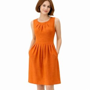 Ellen Tracy Linen Dress Size 2 Orange Pleated Fit & Flare Sleeveless Sundress